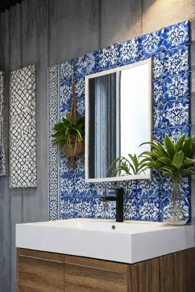 A coastal bathroom with vibrant blueandwhite tiles a driftwoodinspired mirror and a
