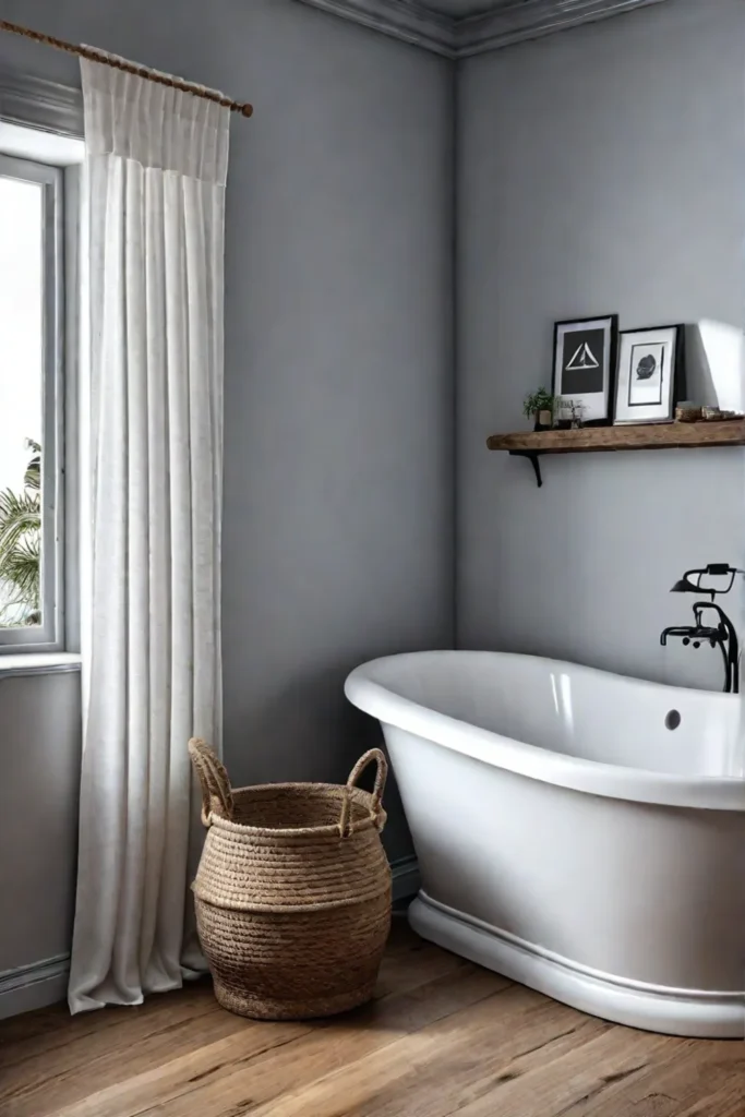A coastal bathroom with whitewashed wood shelves a ropeaccented mirror and a