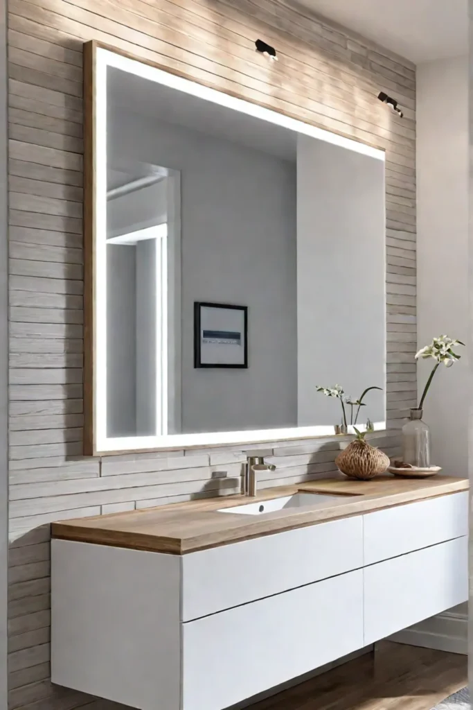 A coastalinspired bathroom with a whitewashed wood vanity a seashellinspired mirror and