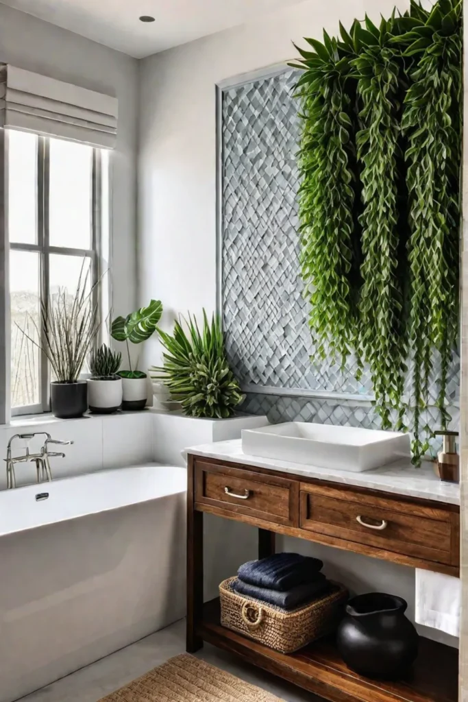 A coastalinspired bathroom with a wooden vanity a mosaic tile backsplash and