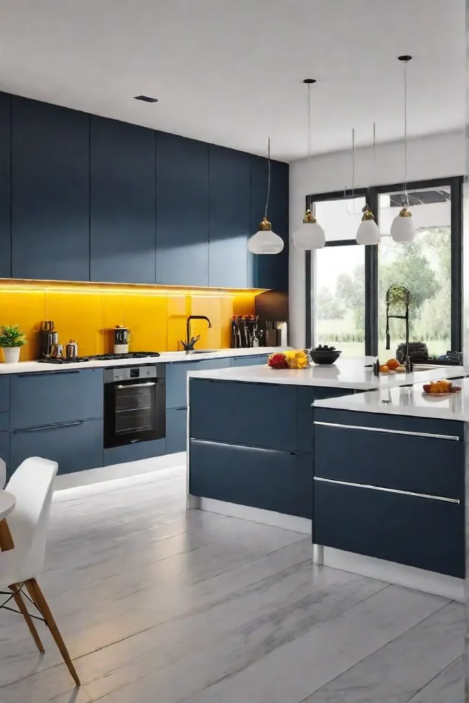 A colorful kitchen with bold vibrant cabinets a bright backsplash and playful