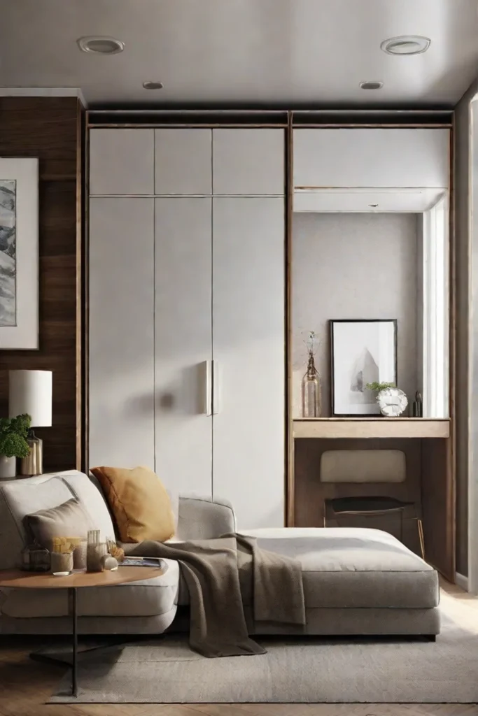 A compact living area showcasing a Murphy bed folded up to reveal