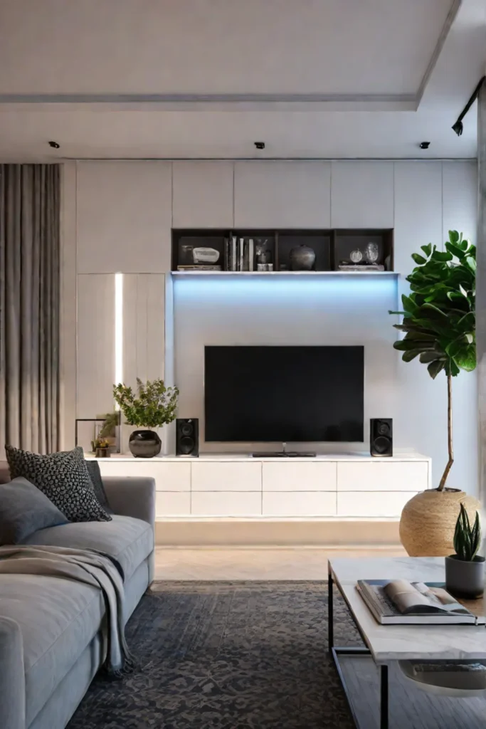 A compact living room with a custombuilt media unit that incorporates storage