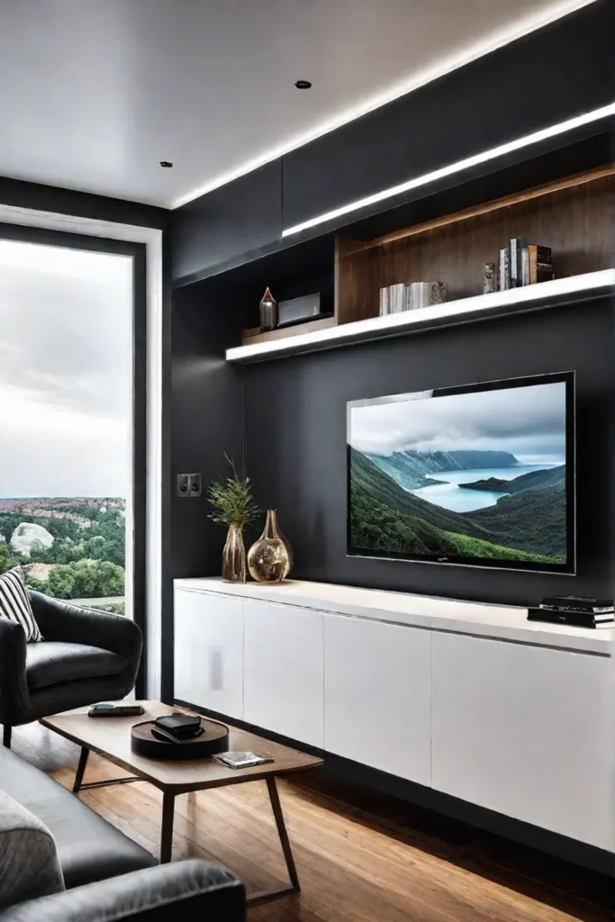 A compact living room with a custombuilt media unit that integrates storage
