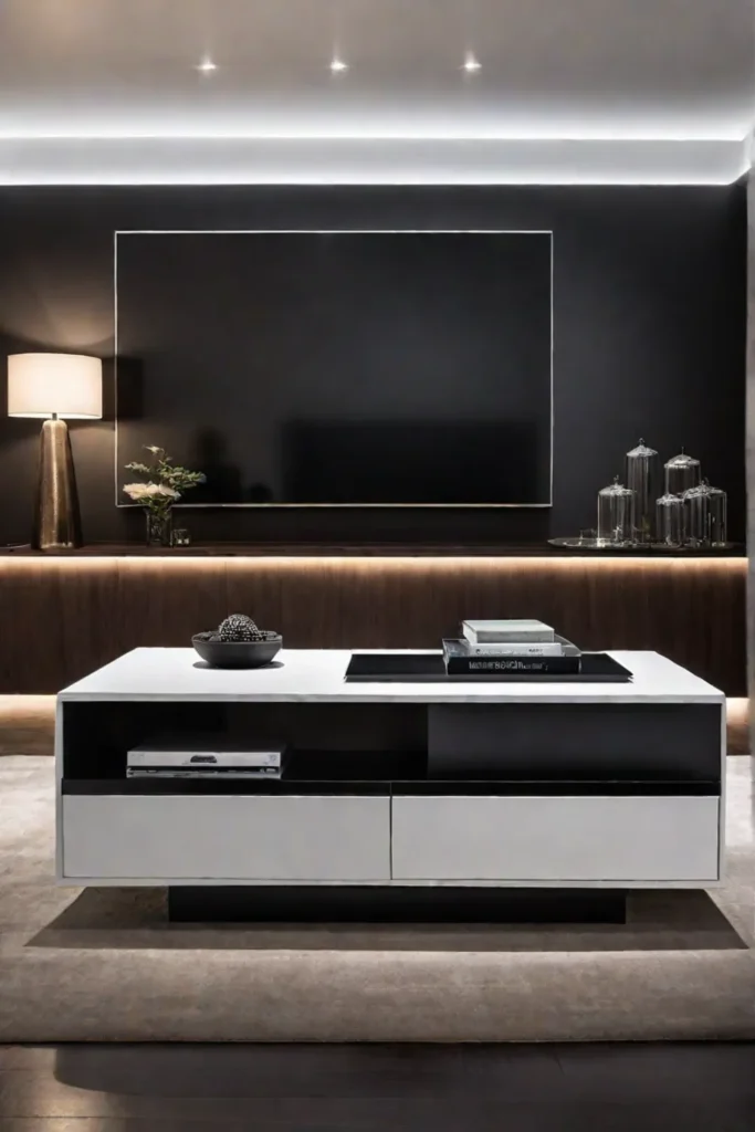 A compact living room with a minimalist design featuring a coffee table