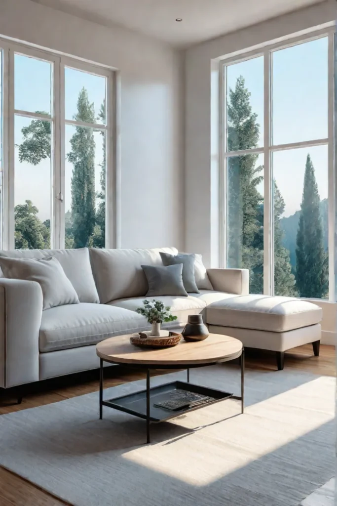 A compact living room with a paletoned sofa a large window that