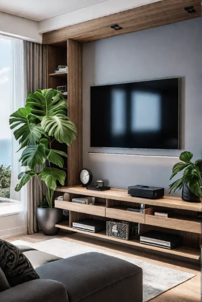 A compact living room with a sleek wallmounted media unit that offers
