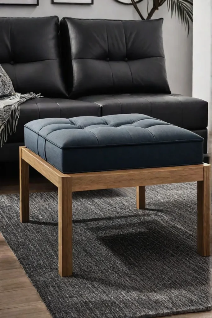 A compact living room with a versatile ottoman that serves as both