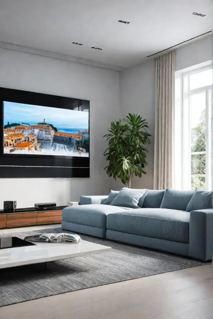 A compact living room with a wallmounted media unit that frees up