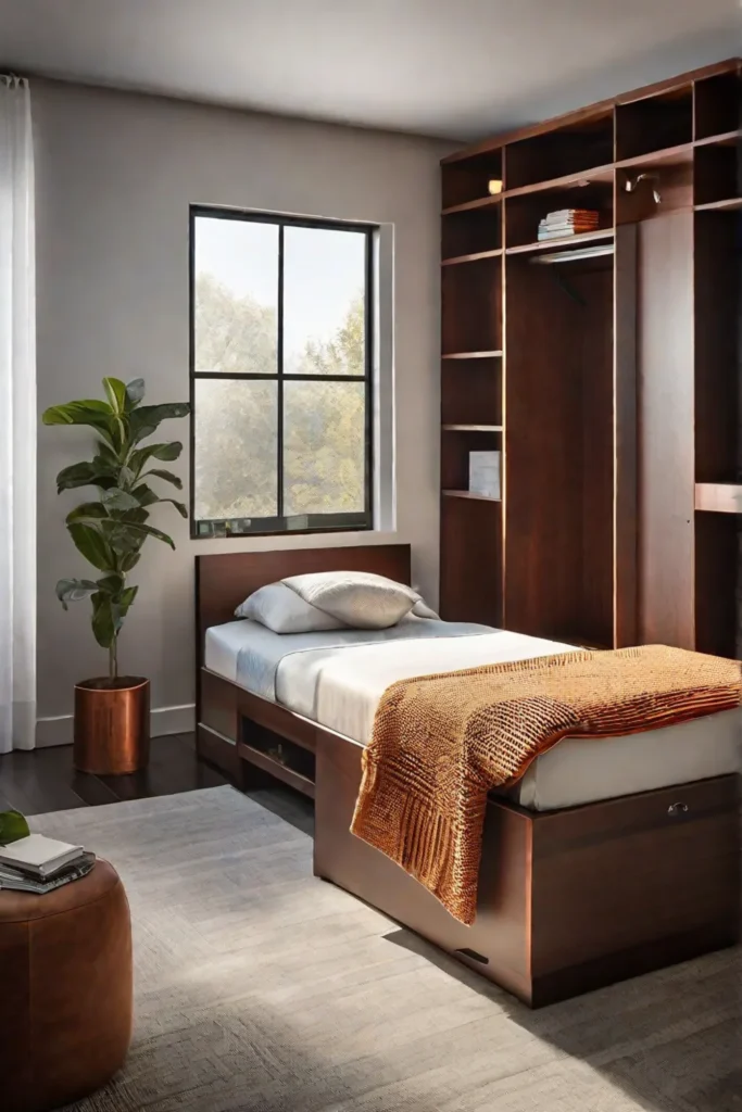 A compact room featuring a Murphy bed folded up revealing a multipurpose