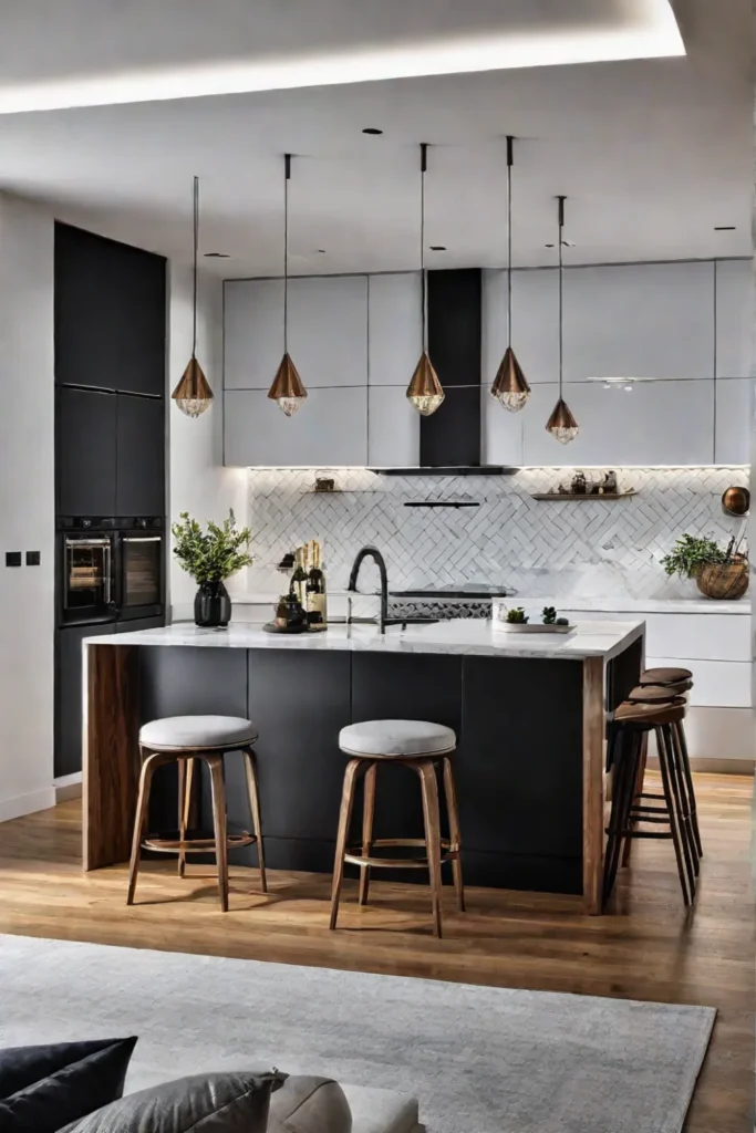 A contemporary kitchen with a mix of materials including glossy cabinets stainless