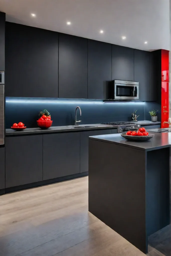 A contemporary kitchen with charcoal gray cabinets red appliances and a clean
