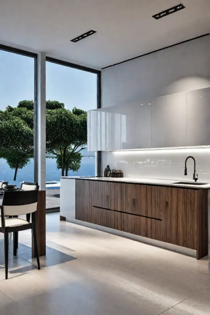 A contemporary kitchen with minimalist cabinets stainless steel appliances and a seamless