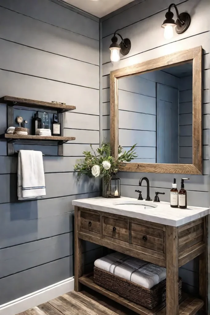 A cozy bathroom with shiplap walls a wooden vanity and nauticalthemed fixtures