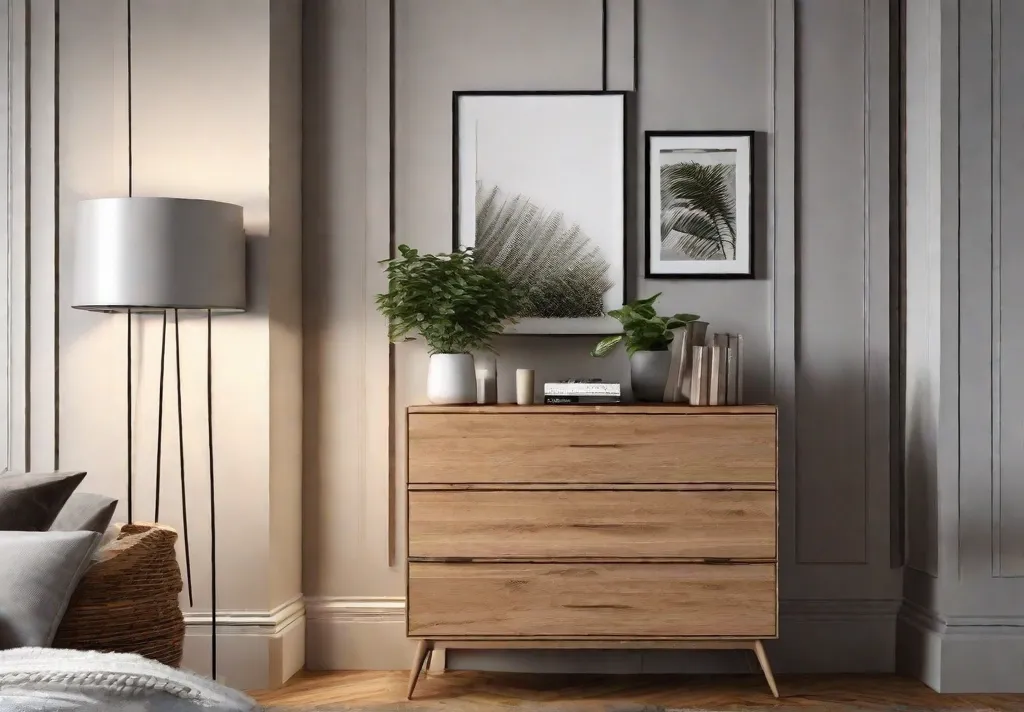 A cozy bedroom corner featuring a tall narrow dresser topped with afeat