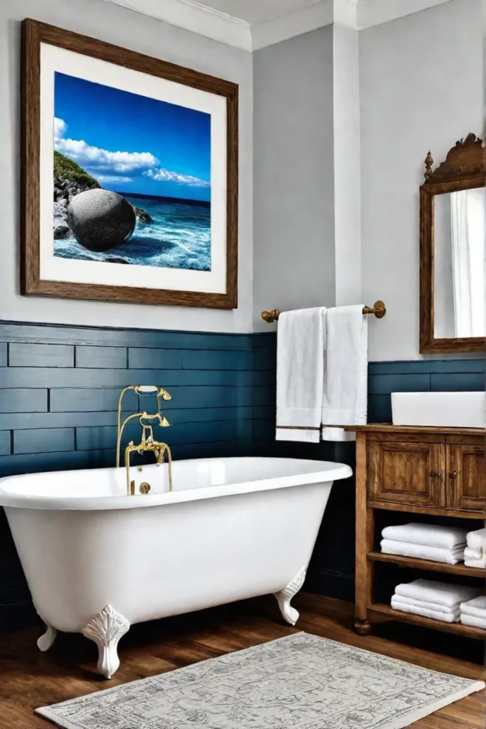 A cozy coastal bathroom with a rustic wooden vanity a clawfoot tub