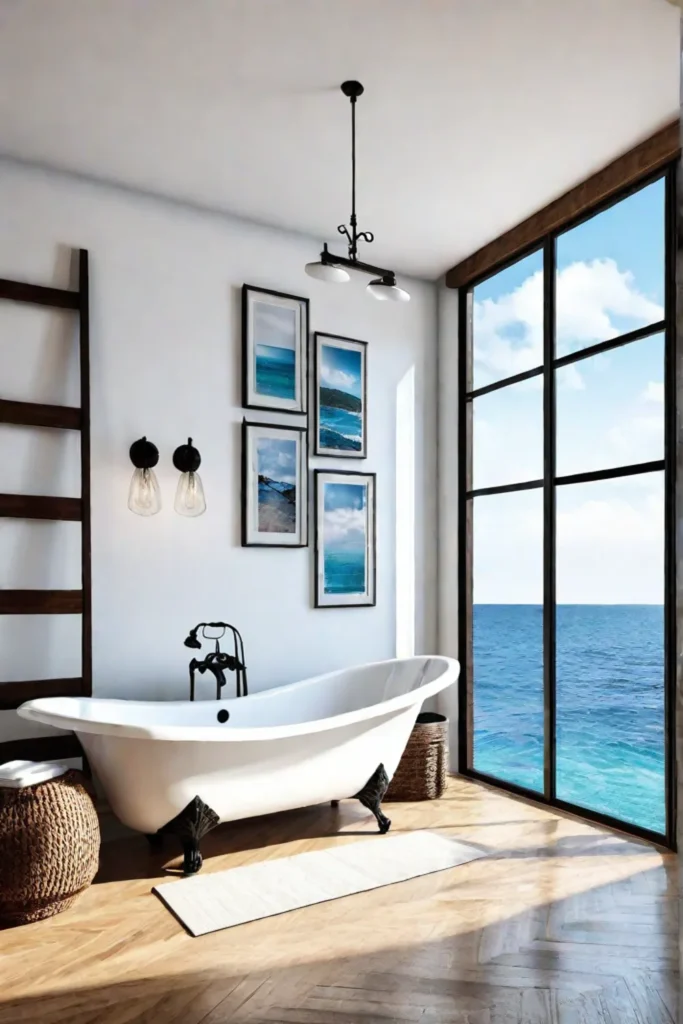 A cozy coastal bathroom with a wooden ladder towel rack a vintageinspired