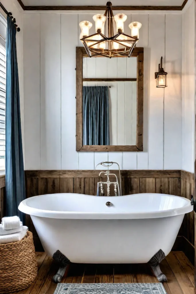 A cozy coastal bathroom with shiplap walls a rustic woodframed mirror and