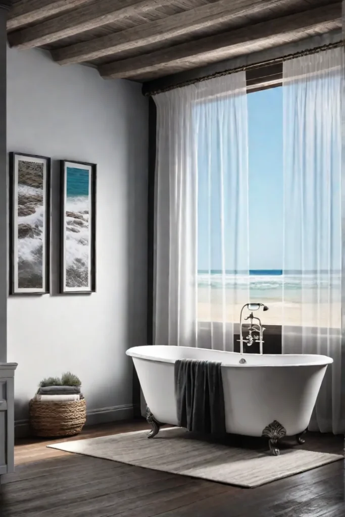 A cozy coastal bathroom with weathered wood shelves a ropeaccented mirror and