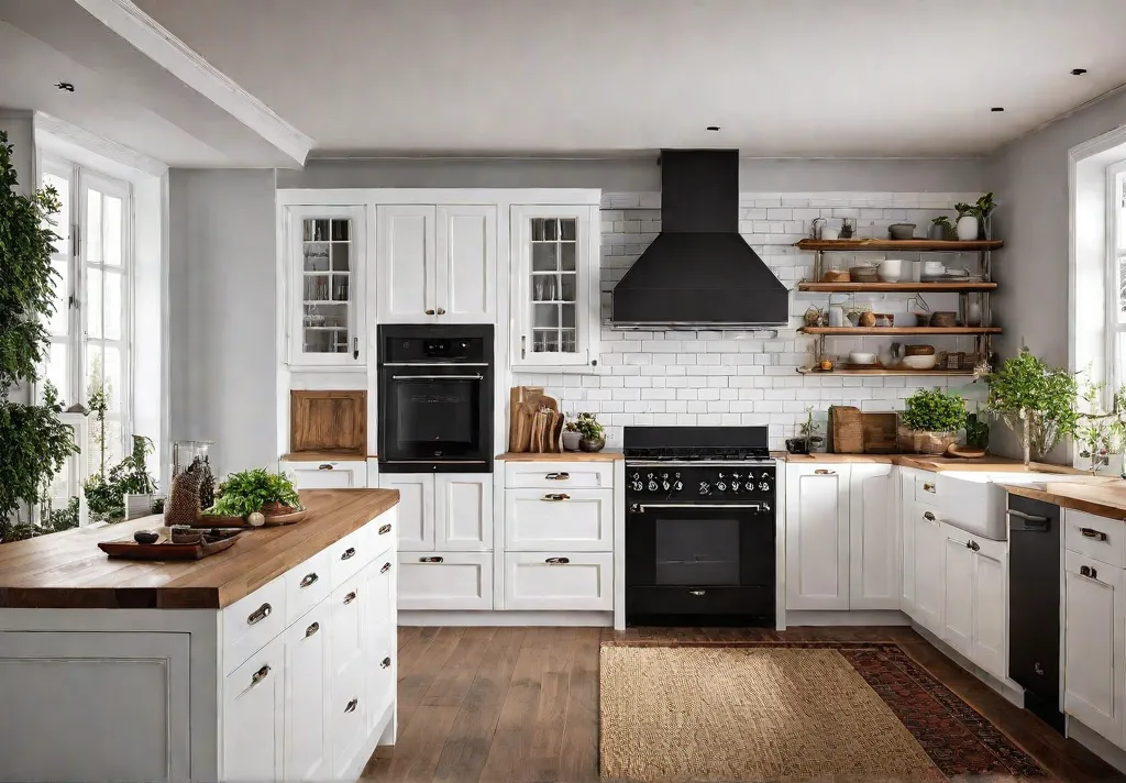 A cozy kitchen with classic white cabinets and warm wooden accents creatingfeat