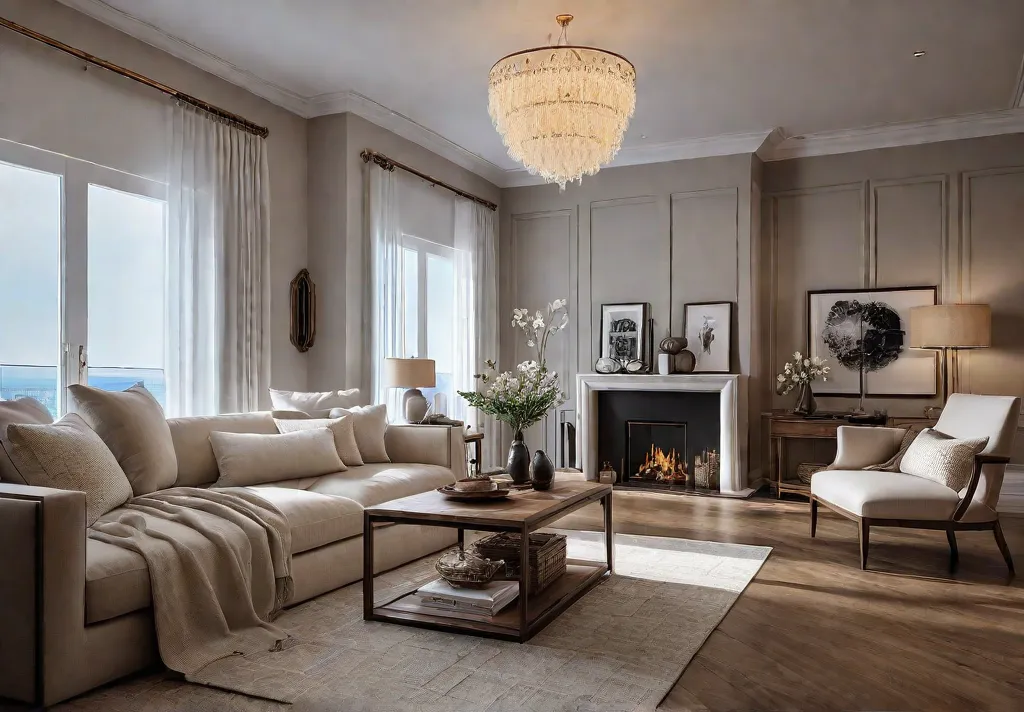 A cozy living room with a neutral color palette featuring warm beigefeat
