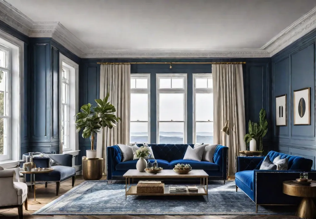 A cozy living room with plush blue velvet sofa crisp white wallsfeat