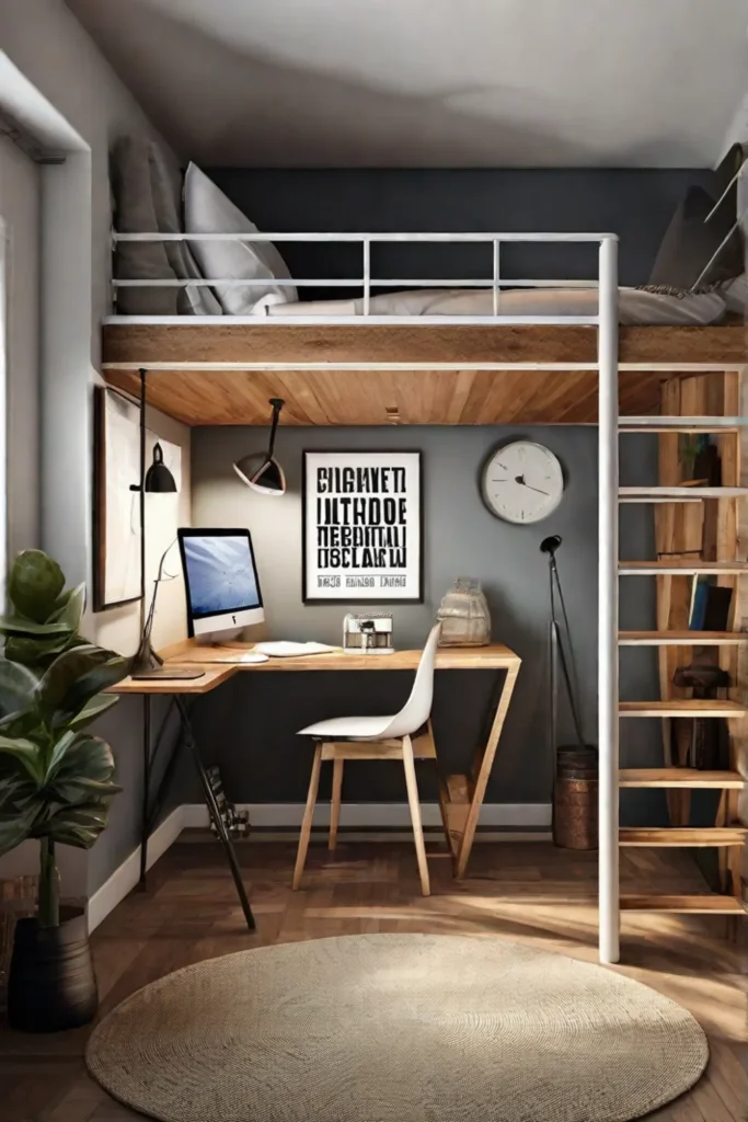 A cozy loft bed setup that incorporates a work or study area