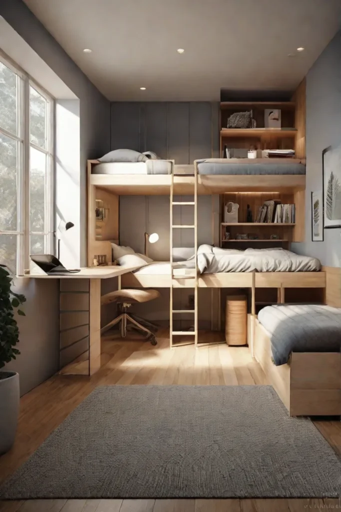 A cozy loft bed with a builtin desk and storage cabinets underneath