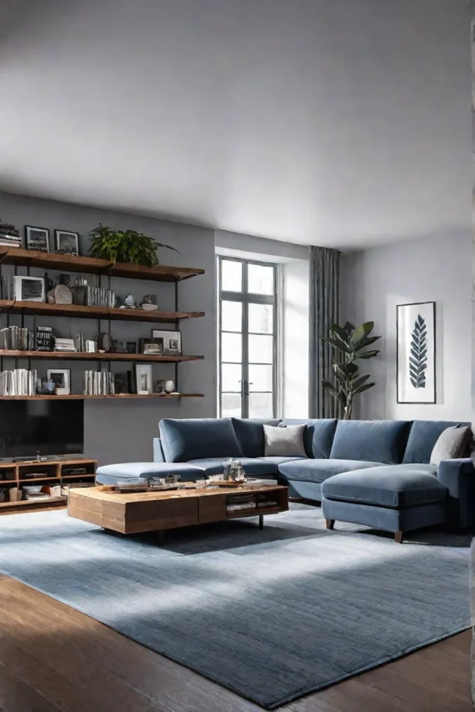 A cozy small living room with a Ushaped sectional sofa that provides