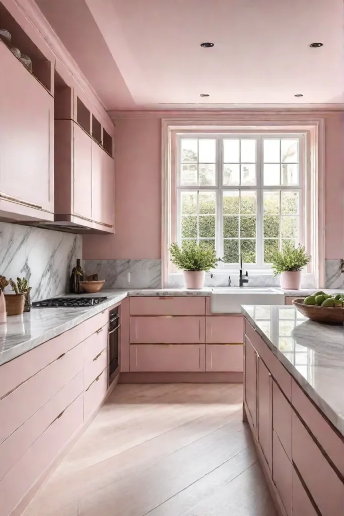 A dreamy kitchen with pastel pink walls white marble countertops and a