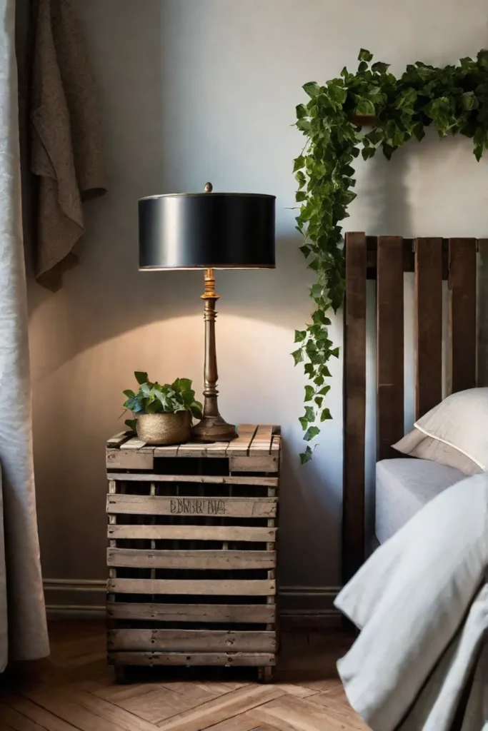 A gracefully aged wooden crate repurposed as a nightstand adorned with a