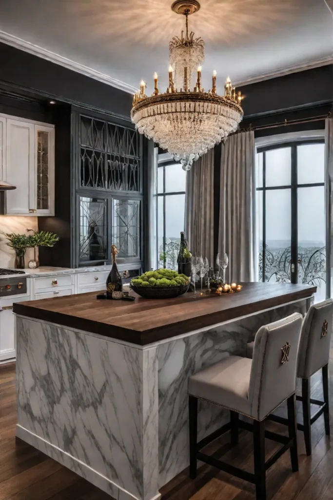 A kitchen featuring a stunning chandelier that serves as a focal point