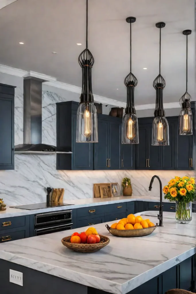 A kitchen featuring stylish pendant lighting over a central island creating a