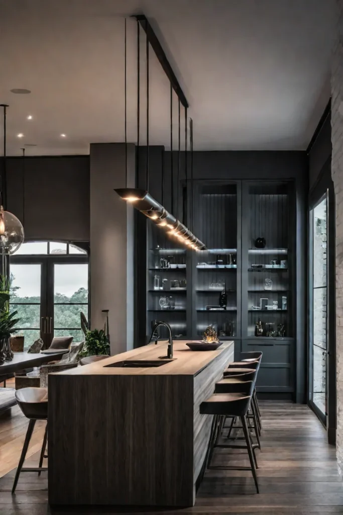 A kitchen with a mix of track lighting and pendant lights offering