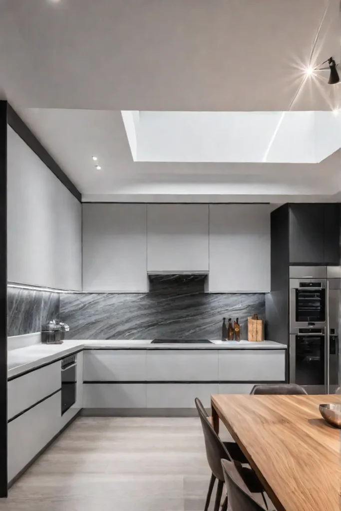 A kitchen with discreet recessed lighting that creates a clutterfree contemporary aesthetic