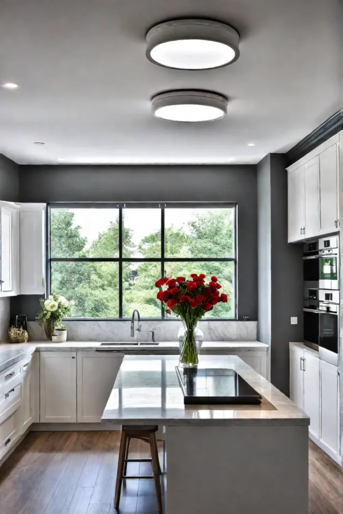 A kitchen with flush mount lighting that maximizes the available space and