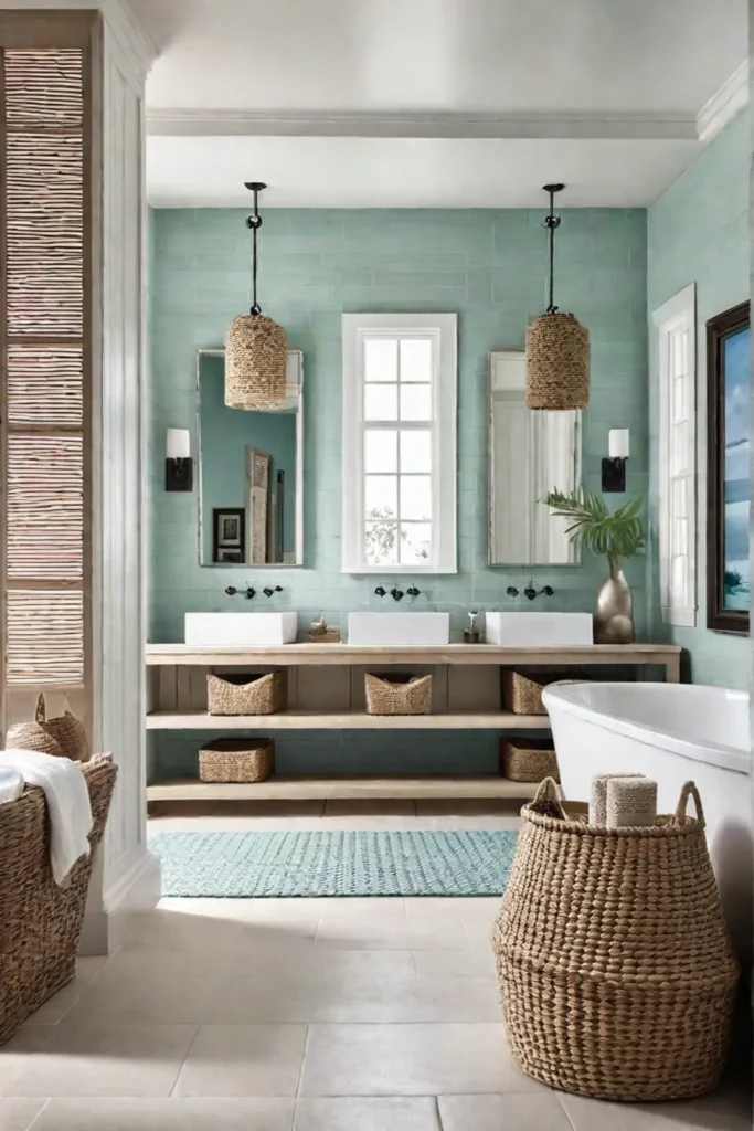A lightfilled bathroom with sandtoned tile floors woven baskets for storage and