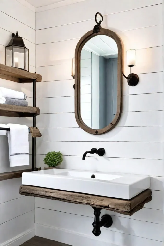 A lightfilled bathroom with shiplap walls white subway tile and a driftwoodframed