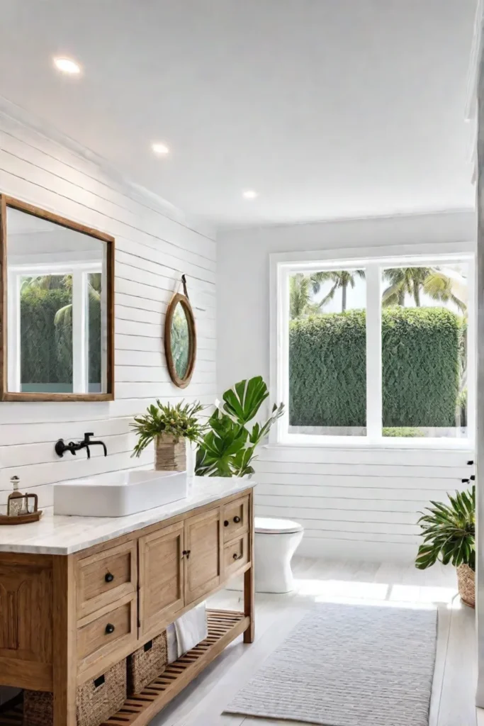 A lightfilled bathroom with white shiplap walls natural wood accents and coastalinspired