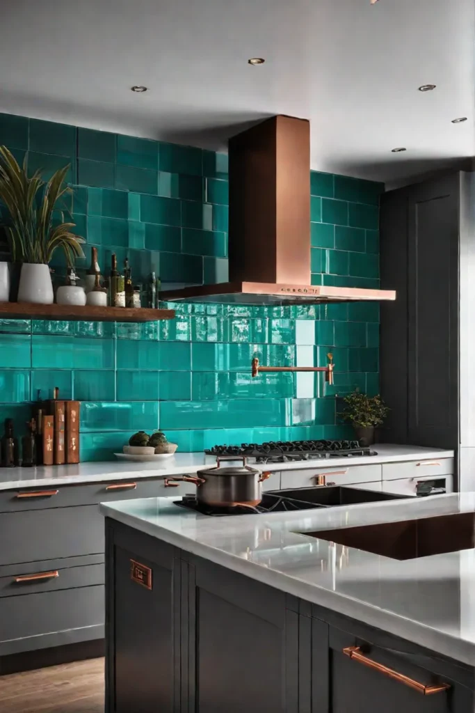 A lively kitchen with a teal backsplash copper accents and a contemporary