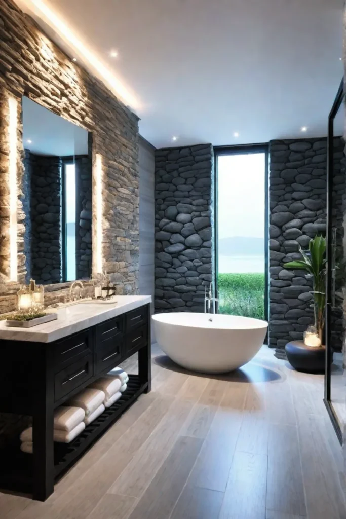 A luxurious bathroom with a freestanding bathtub soft towels and natural stone