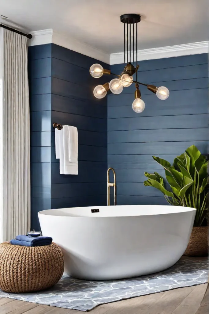 A luxurious bathroom with a freestanding tub shiplap walls and coastalinspired pendant