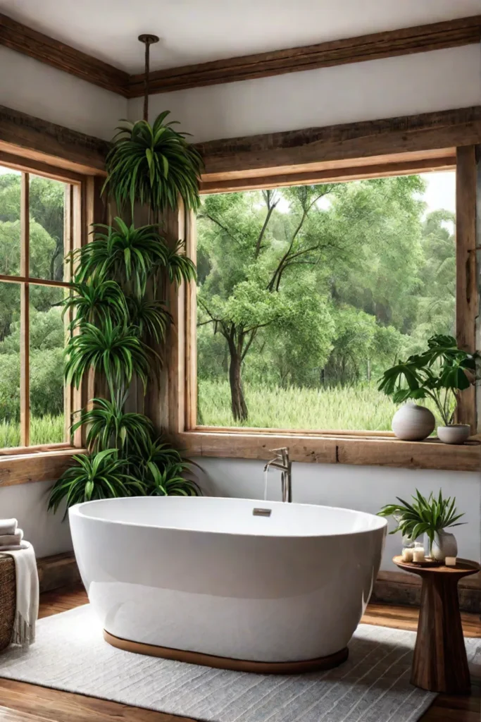 A luxurious coastal bathroom with a panoramic view of lush greenery a