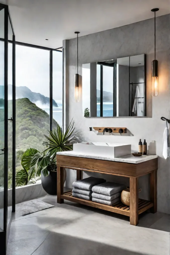 A luxurious coastal bathroom with a rainfall shower a wooden bench and