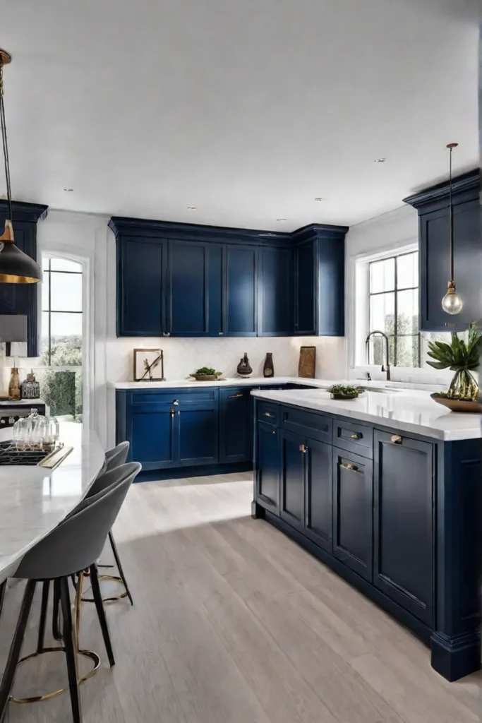 A luxurious kitchen with navy blue cabinets white walls and countertops and