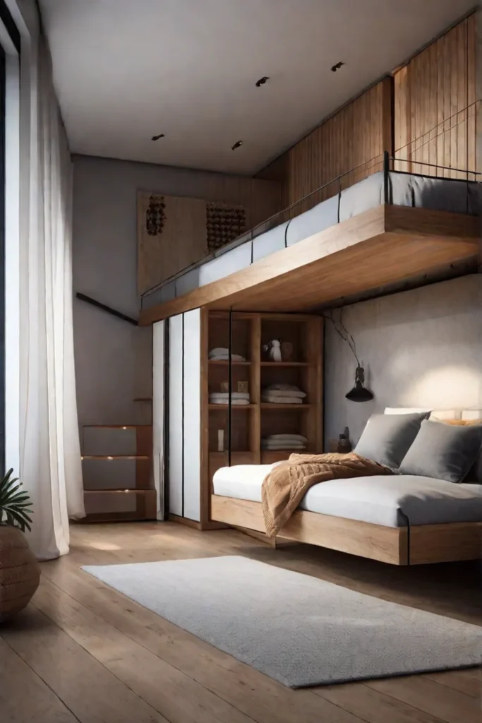 A minimalist bedroom featuring a high loft bed over a cozy seating