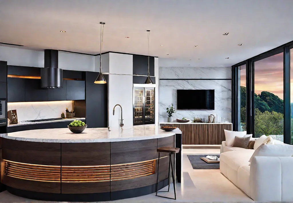 A modern kitchen with sleek digital appliances and integrated smart home technologyfeat