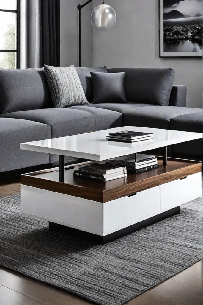 A modern minimalist living room featuring a multifunctional coffee table with hidden