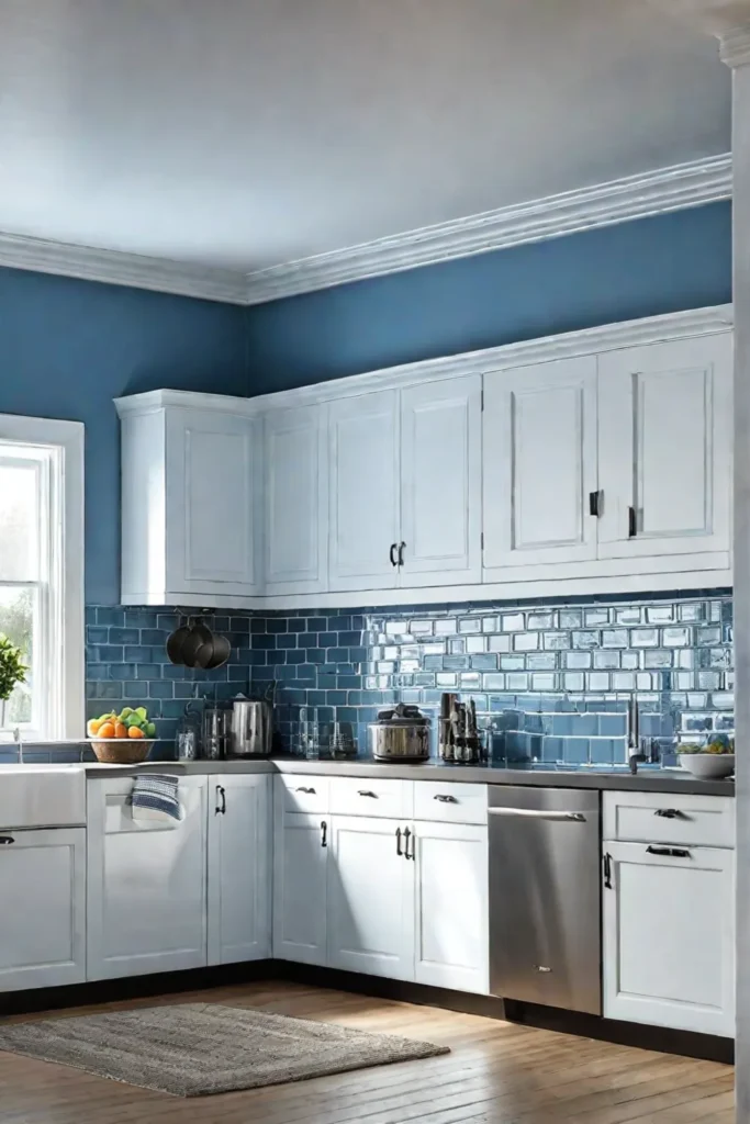 A peaceful kitchen with blue walls white cabinets and large windows that