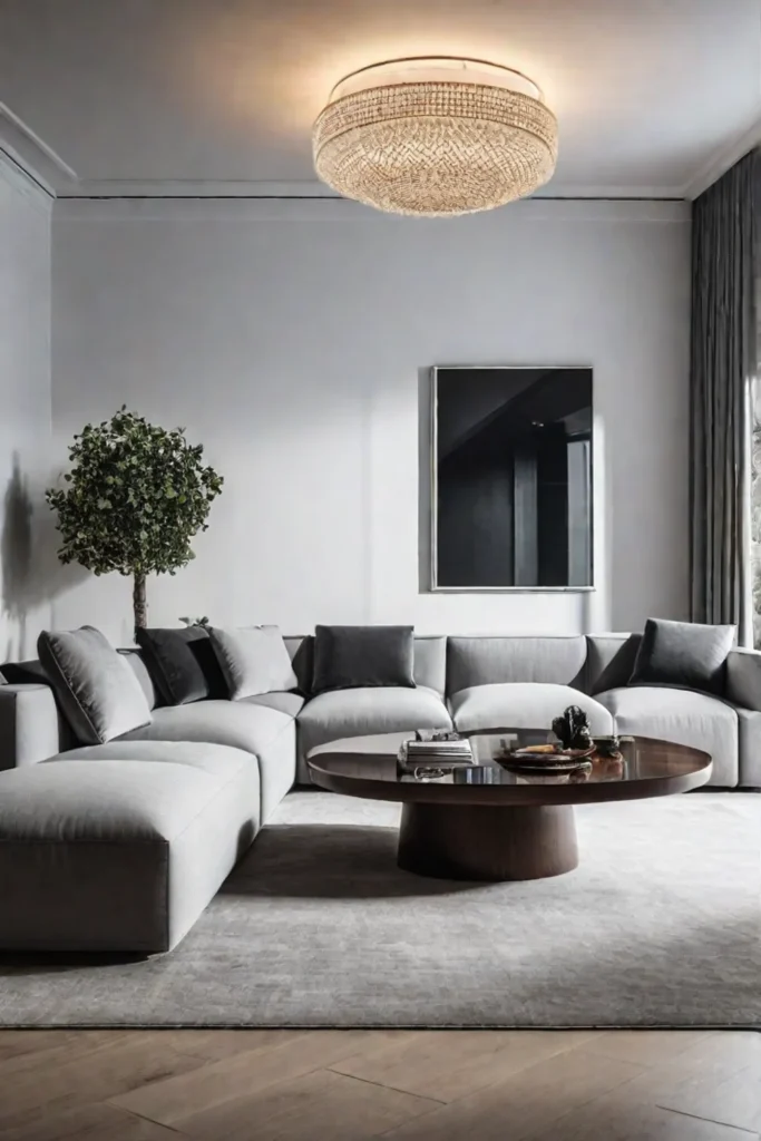 A petite living room with a simple lowprofile sofa and a striking